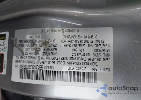 2013 Mazda Cx-9 Grand Touring z USA, uszkodzony, nr VIN JM3TB2DV5D0400285